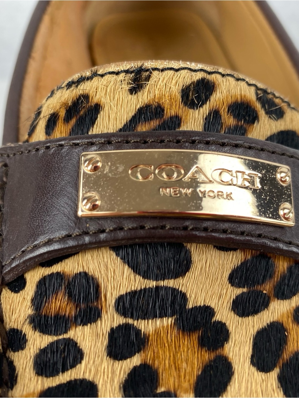 Coach Leopard Print Penny Loafers in Brown/Tan with Gold Plaque - Picture 10 of 14